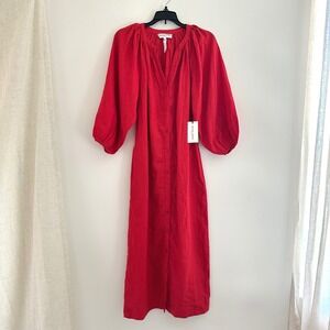 NEW Apiece Apart Red 100% Linen Midi Dress Size 0 Balloon Sleeve Button Front